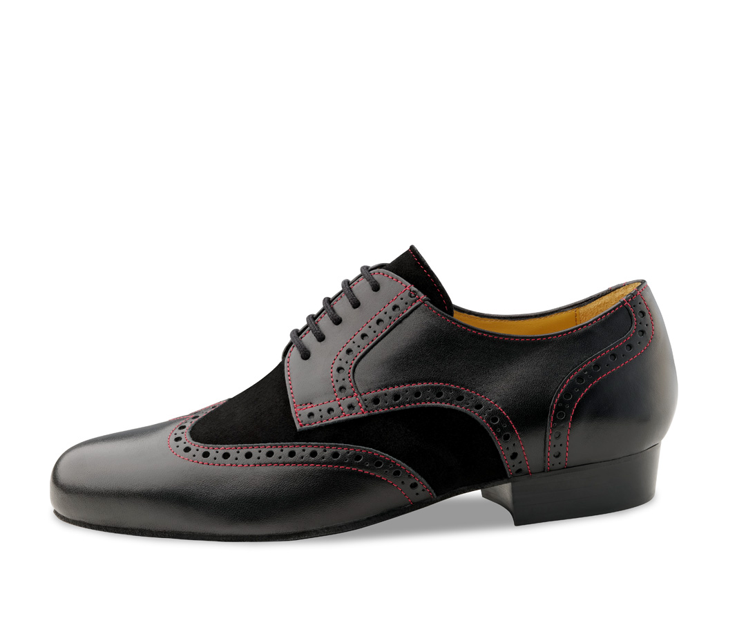 Trapani Chaussure de danse élégante pour homme Trapani en cuir rouge et noir avec un petit talon et des coutures contrastées.