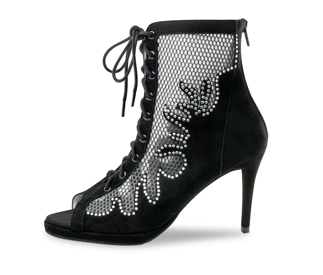 Bottes de danse à talon fin de 8 cm, en cuir et résille, ornées de strass, signées Anna Kern