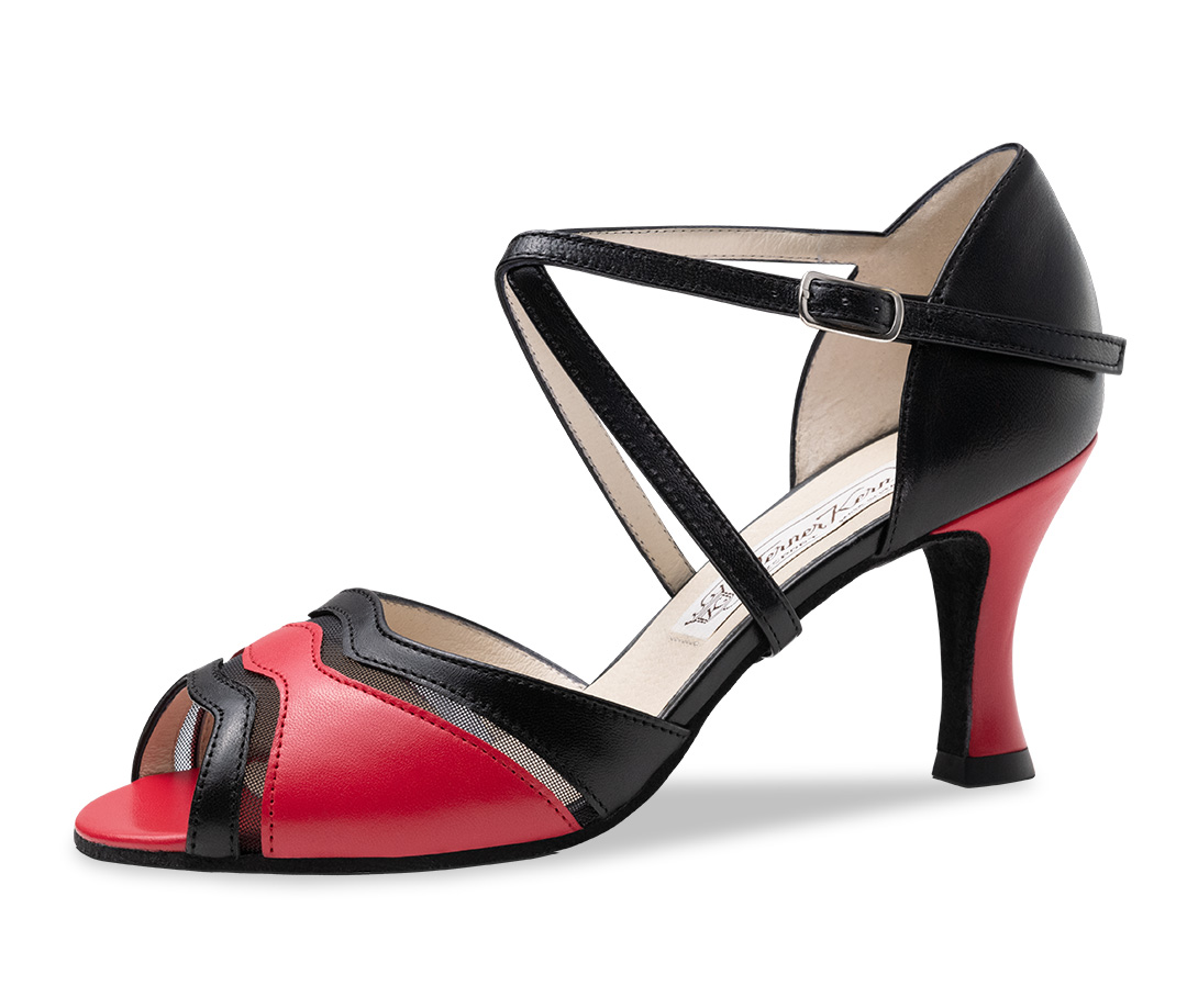 Portia Sandales de danse rouges et noires avec talon évasé de 6,5 cm et empiècements en résille de Werner Kern
