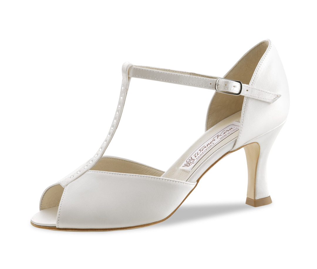 Chaussure de danse de mariage à bout ouvert avec semelle en cuir et talon de 6,5 cm en satin blanc avec bride en T et strass par Werner Kern.
