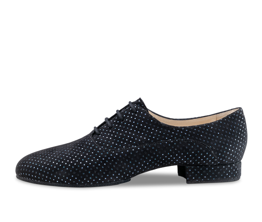 Chaussure d'entraînement scintillante en brocart noir et bleu avec semelle fendue pour une mobilité optimale, à lacets.