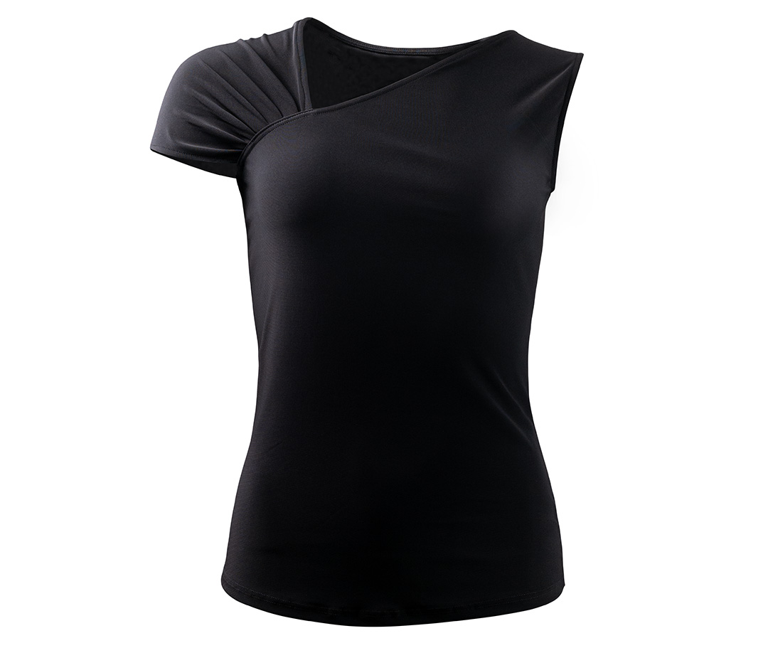 Haut de danse Yari Haut de danse noir à coupe étroite avec encolure en V asymétrique et manches de différents styles, par Werner Kern.