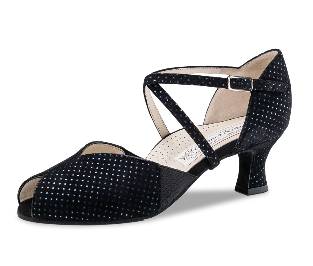 Sandales de danse avec talon évasé de 5 cm, semelle intérieure confortable et empiècements élastiques de Werner Kern, en noir avec des détails bleus pailletés.