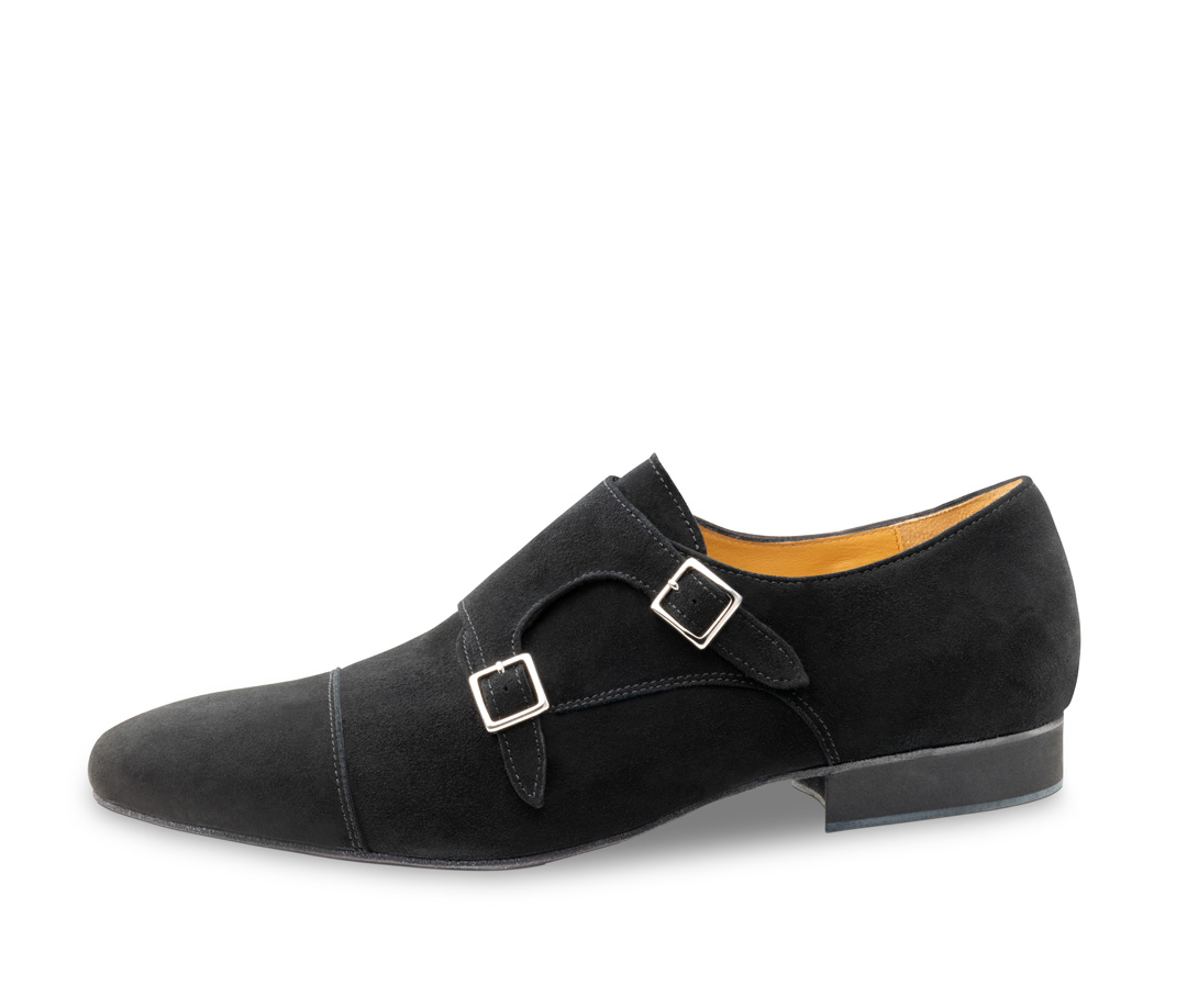 Chaussure de danse pour homme Anzio - Werner Kern en velours noir, design classique avec boucles réglables, velours doux comme un gant et doublure en cuir de veau, hauteur de talon fantastiquement confortable de 2,0 cm