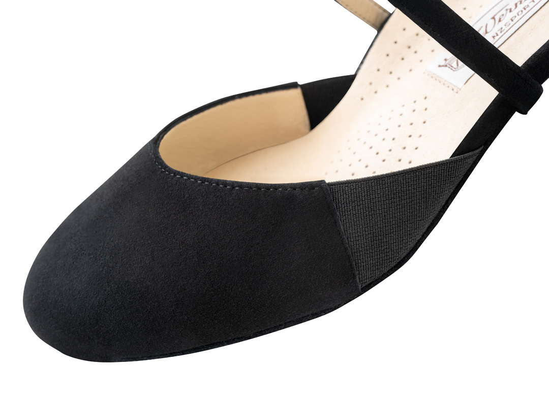 Chaussure de danse Ronja - Werner Kern en cuir de chèvre velours noir, classique et incroyablement confortable avec une bride croisée réglable individuellement et un élastique latéral, hauteur de talon confortable de 3,4 cm