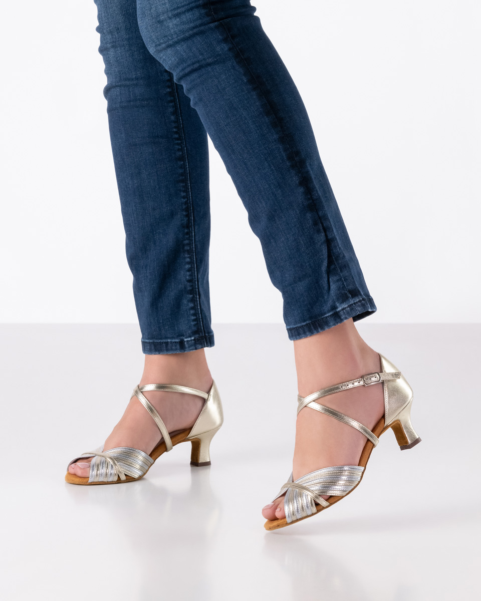 Chaussures de danse Noel en cuir nappa argenté doré avec un talon de 5 cm