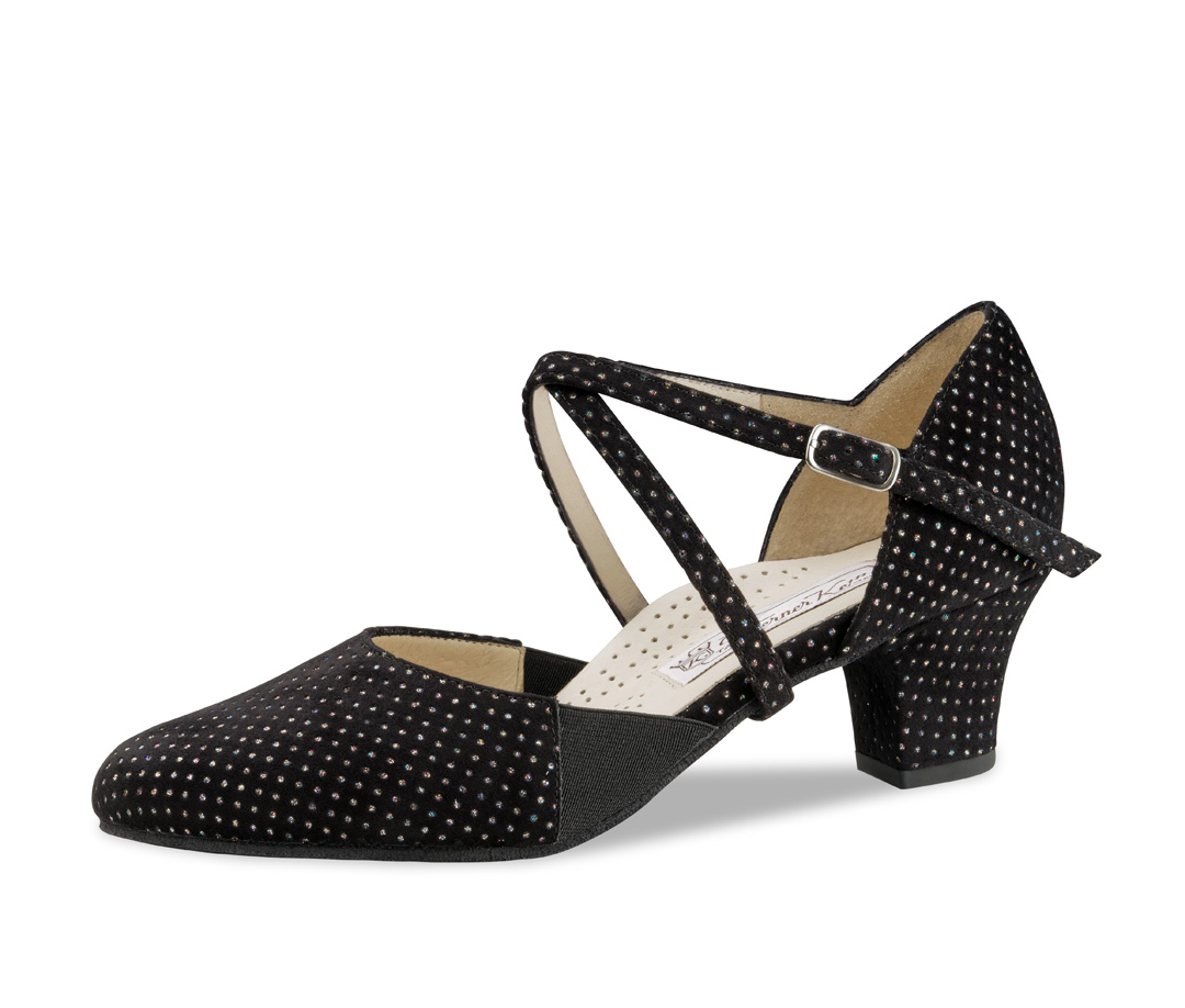 Chaussure de danse fermée et confortable pour pieds à exigences particulières, en daim particulièrement souple, avec un talon de 4,5 cm.