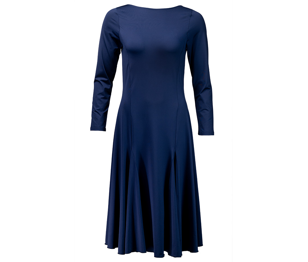 Robe de danse ajustée avec jupe ample et fluide, longueur midi, couleur bleu fumé élégante, par Werner Kern