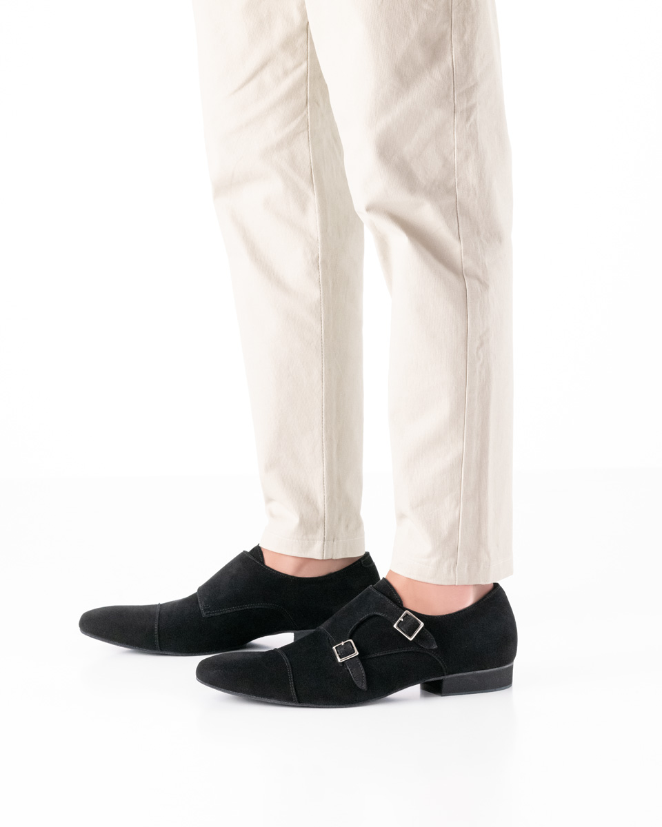 Werner Kern Anzio - Chaussures de danse pour homme en velours noir, design classique avec boucles réglables, velours doux comme un gant et doublure en cuir de veau, hauteur de talon fantastiquement confortable de 2,0 cm
