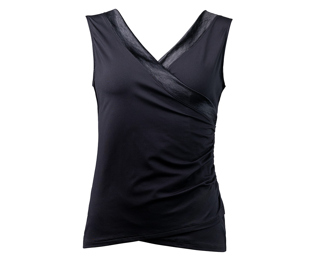 Top de danse ajusté à effet cache-cœur, en matière élastique noire, avec encolure en V, de Werner Kern.Schmal geschnittenes Tanztop in Wickeloptik aus schwarzem, elastischen Material und V- Ausschnitt von Werner Kern