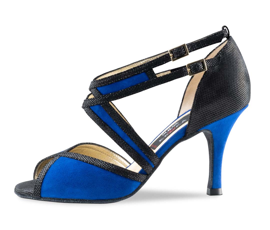 Chaussures de tango ouvertes pour femmes de Nueva Epoca en bleu et noir