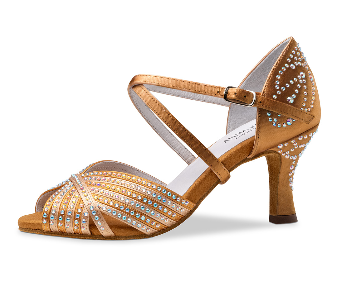 Sandales de danse couleur bronze avec strass par Anna Kern, talon évasé de 6 cm