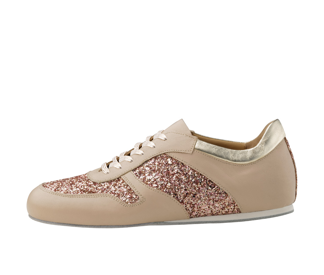 Honey Chaussures de danse en cuir nappa beige et brocart or rose de Werner Kern pour les longues nuits de danse.