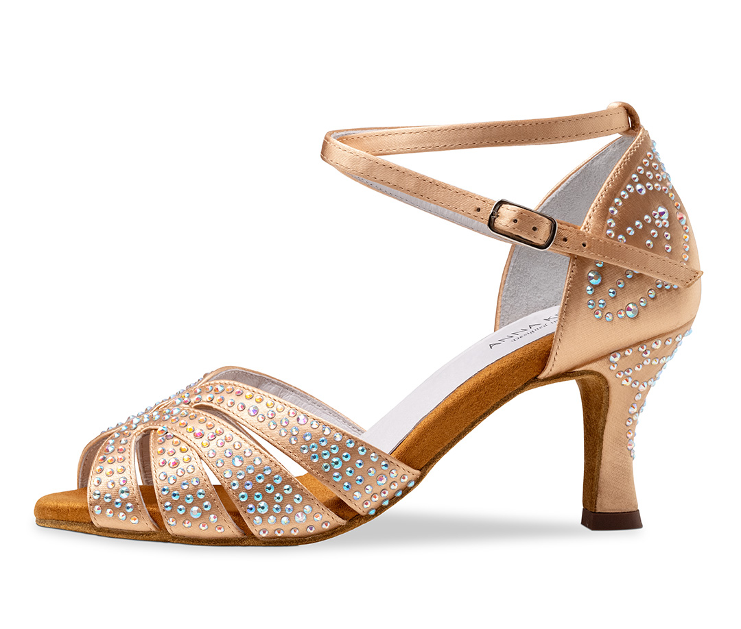Chaussures de danse latine couleur bronze clair avec strass et talon évasé de 6 cm, par Anna Kern