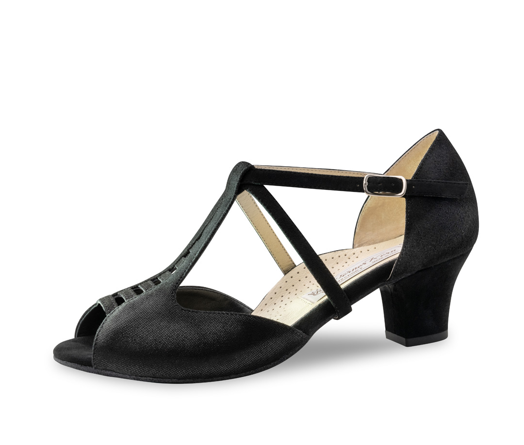 Chaussures de danse intemporelles pour femme - Werner Kern Holly en Samtziege Glanzvelour avec un T-Steg effilé vers le haut et des découpes fines pour une danse élégante