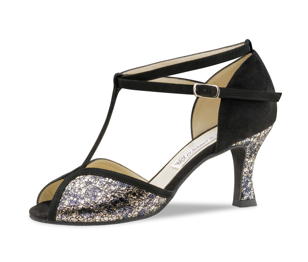 Isla Chaussure de danse à bout ouvert -Isla- de Werner Kern dans une magnifique combinaison bleu-noir-argent en cuir véritable avec un talon de 6,5 cm.