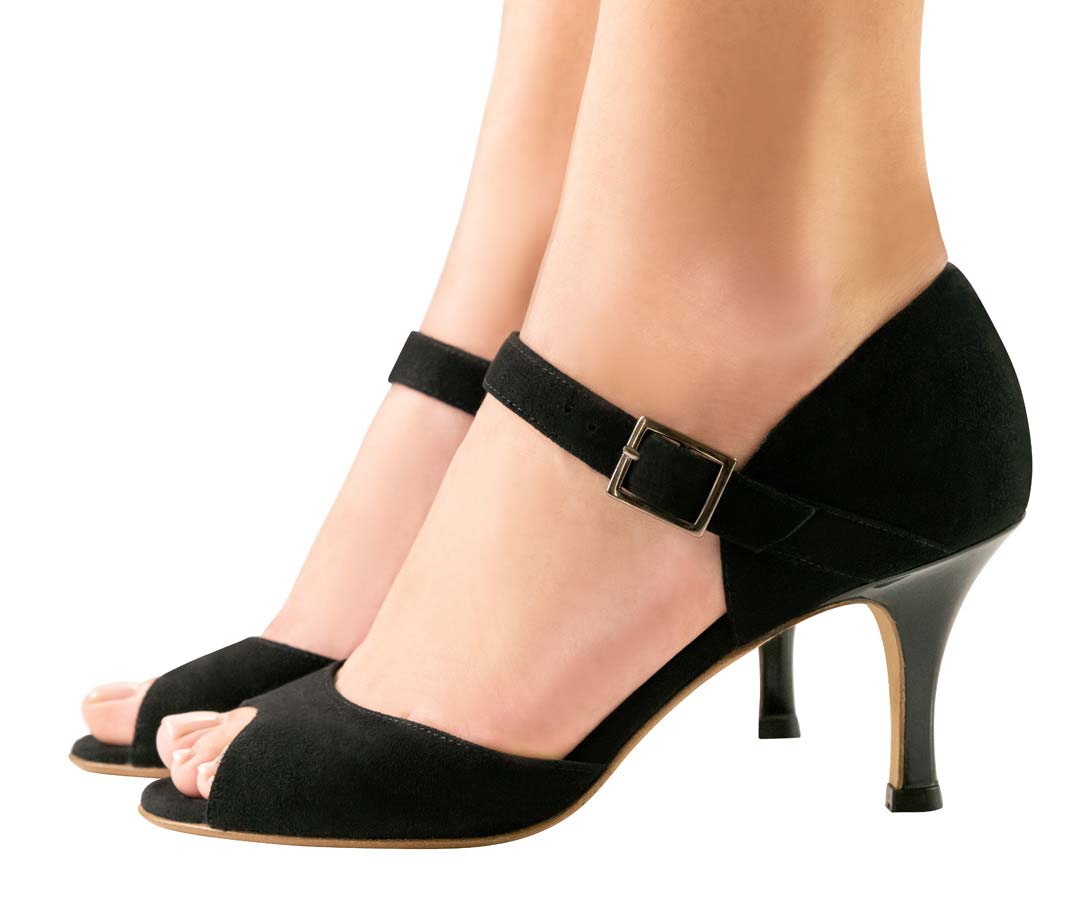 Maite vue de côté détaillée de la chaussure de danse ouverte Nueva Epoca pour femmes avec semelle en cuir