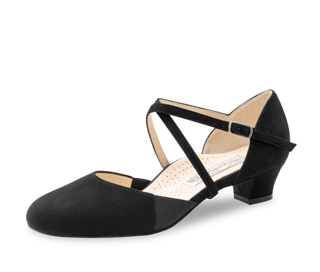 Chaussure de danse pour femme Ronja - Werner Kern en cuir de chèvre velours noir, classique et incroyablement confortable avec une bride croisée réglable individuellement et un élastique latéral, hauteur de talon confortable de 3,4 cm