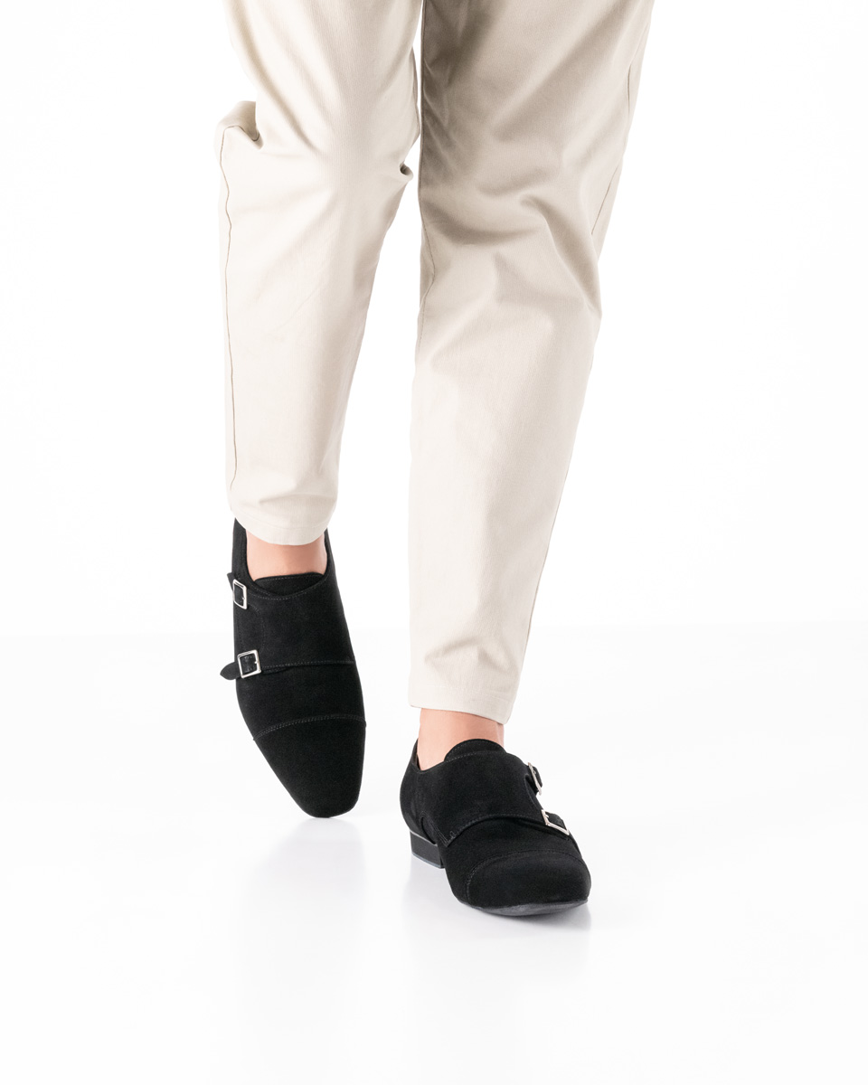 Chaussure de danse pour homme pour une performance confortable - Werner Kern Anzio en velours noir, design classique avec boucles réglables, velours doux comme un gant et doublure en cuir de veau, hauteur de talon fantastiquement confortable de 2,0 cm