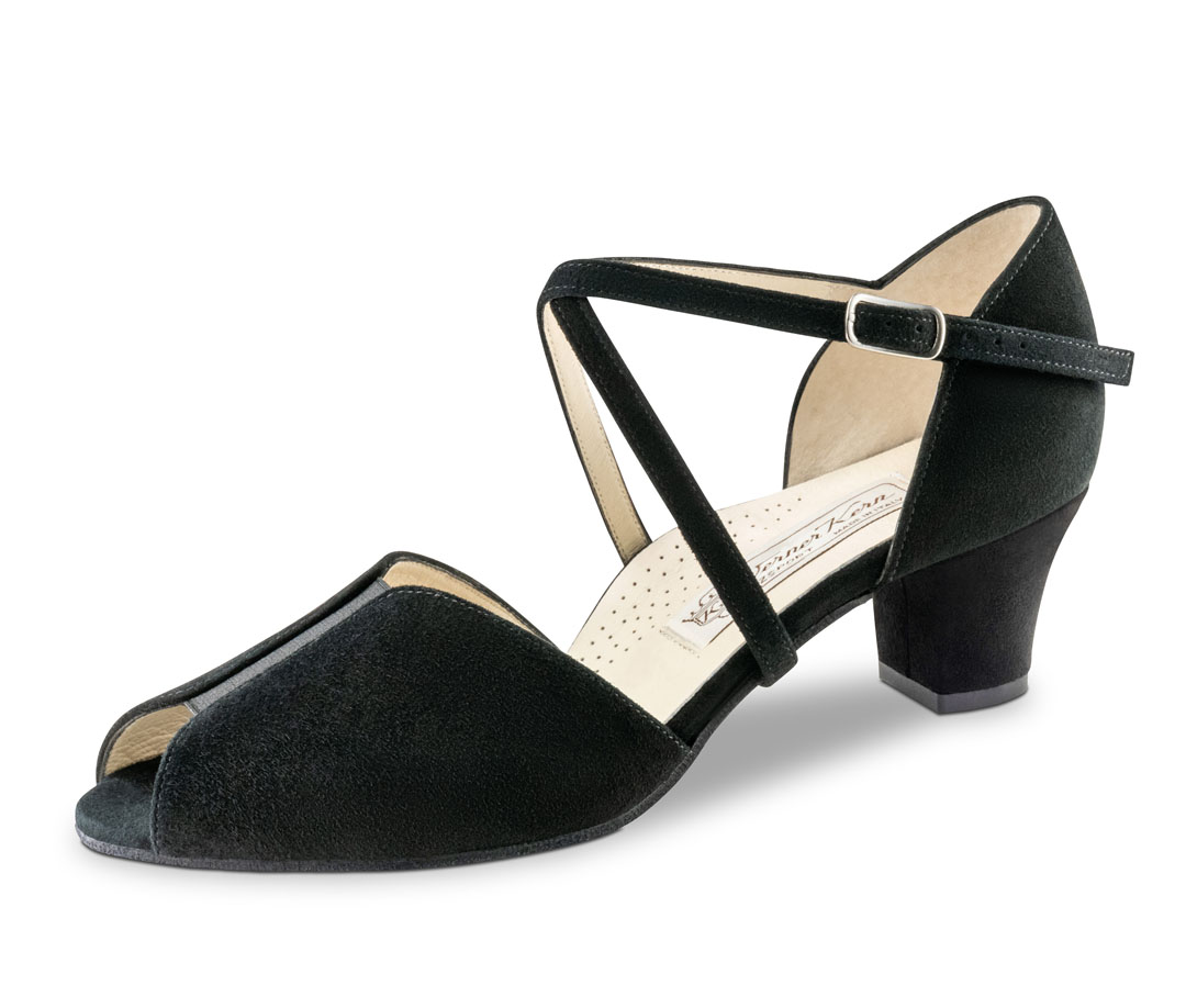 Sandales de danse avec empiècement en caoutchouc pour un ajustement parfait, en cuir velours noir, avec un talon bloc de 4,5 cm, signées Werner Kern