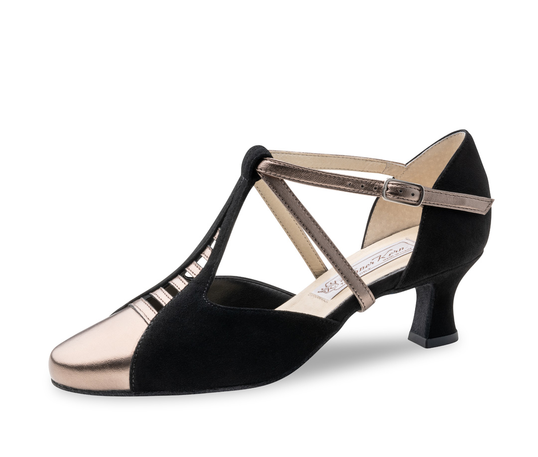  Chaussure de danse pour femme Pippa - Werner Kern en cuir de chèvre velours noir et cuir Nappa antique, tendance et super confortable avec un look intemporel, bride en T effilée et brides finement travaillées pour un look élégant