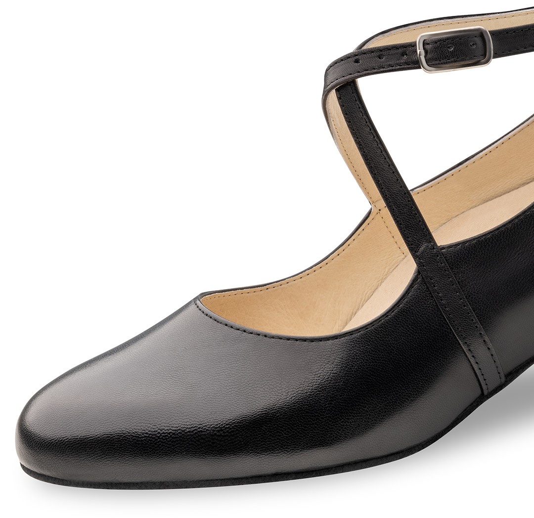 Chaussure de danse Stine - Werner Kern en cuir Nappa noir, découpe décolletée attrayante pour un maintien optimal avec une bride de cheville et une semelle intérieure interchangeable en cuir, hauteur de talon confortable de 3,4 cm