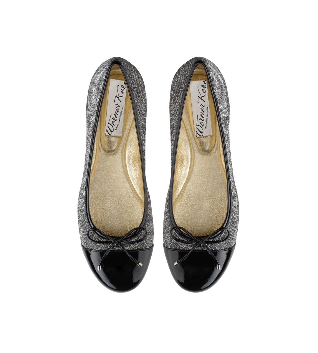 Ballerines combinant le brocart anglais le plus fin en noir/argent et le cuir de veau italien noir