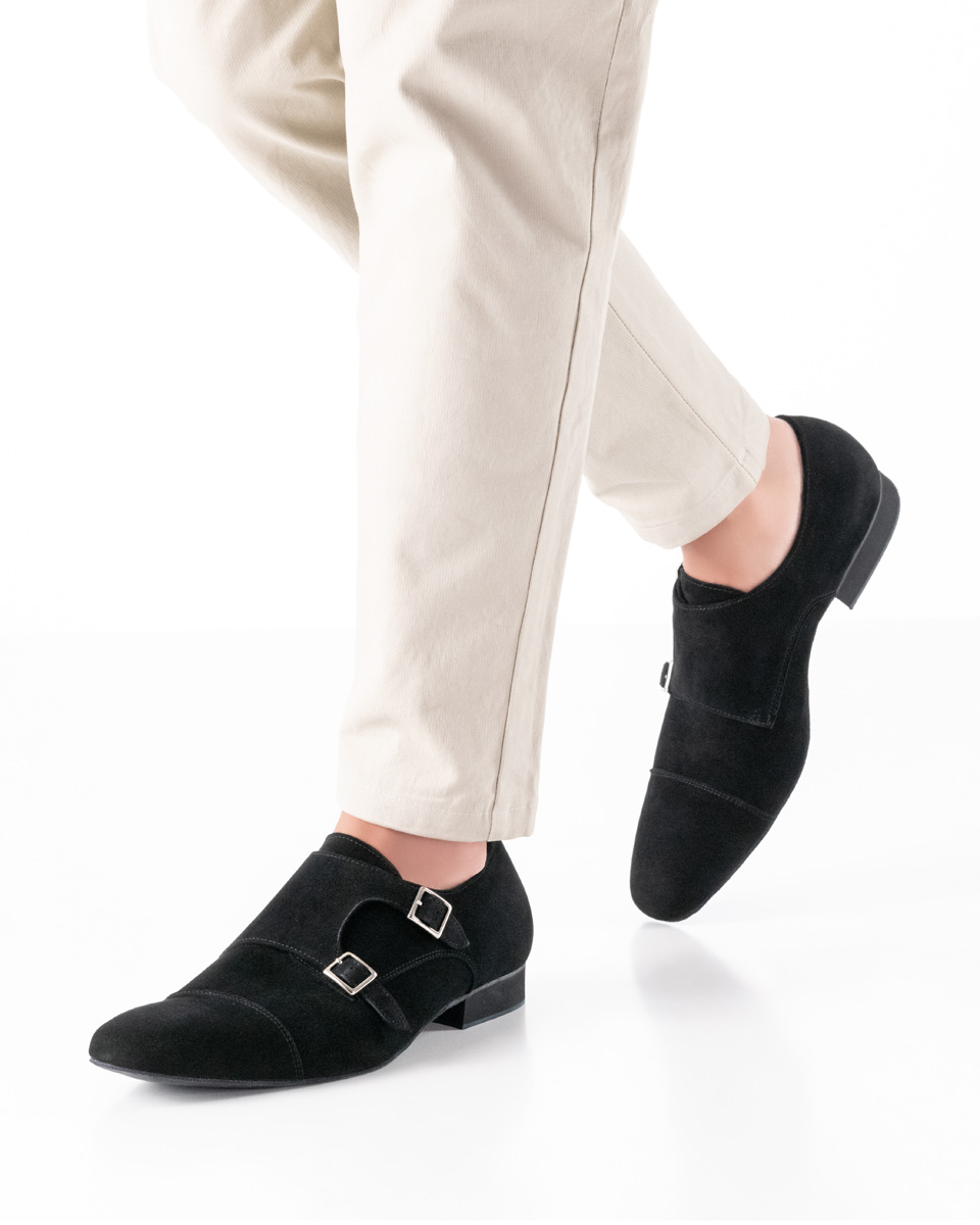 Anzio Chaussure de danse pour homme Anzio - Werner Kern en velours noir, design classique avec boucles réglables, velours doux comme un gant et doublure en cuir de veau, hauteur de talon fantastiquement confortable de 2,0 cm