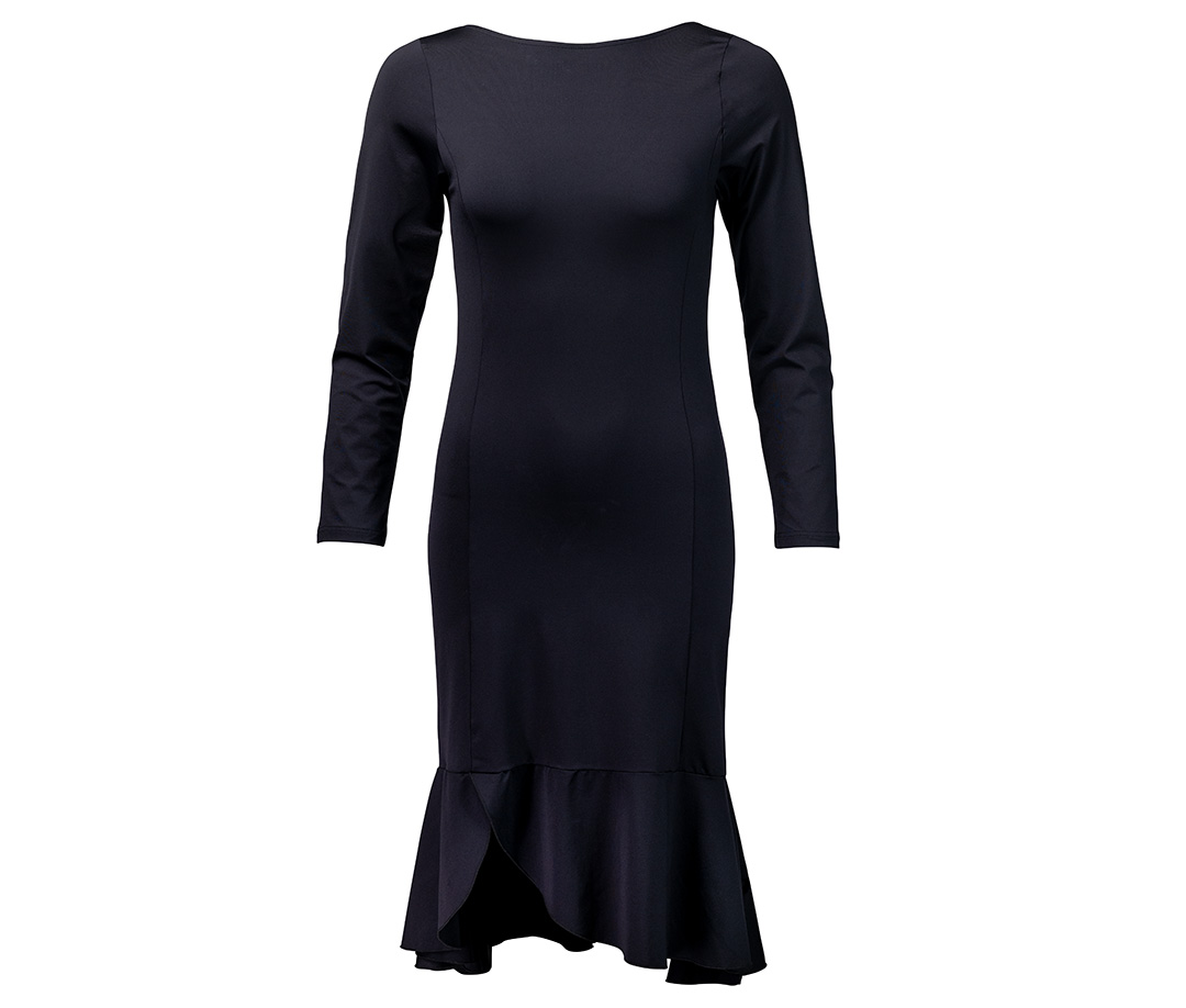 Robe de danse intemporelle Zuri en noir avec ourlet à volants et fente latérale de Werner Kern
