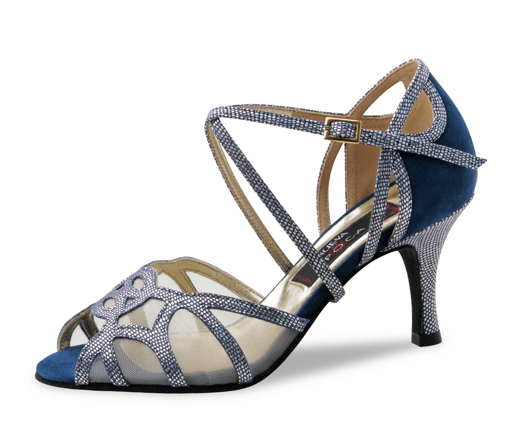 Adriana Adriana, chaussures de danse pour femmes d'une élégance ludique avec un talon de 7 cm en daim bleu souple et en cuir imprimé étincelant de Nueva Epoca.