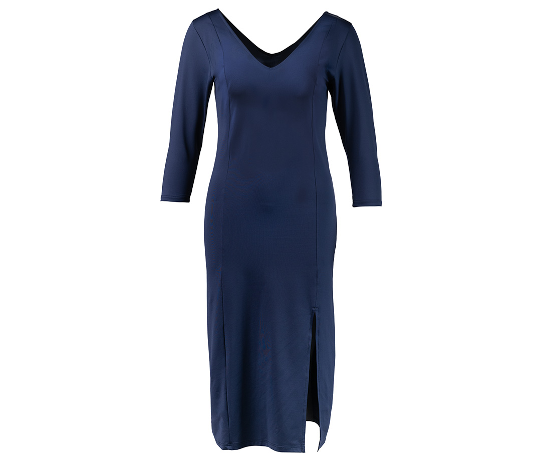 Robe de danse bleu fumé, longueur genou, avec fente sur la jambe et manches longues, par Werner Kern