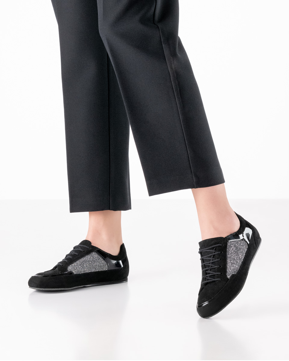 Sneaker de danse sportif - Werner Kern Carol en cuir velours noir et brocart argenté avec une Microsole légère pour le Zumba, l'entraînement et le jazz