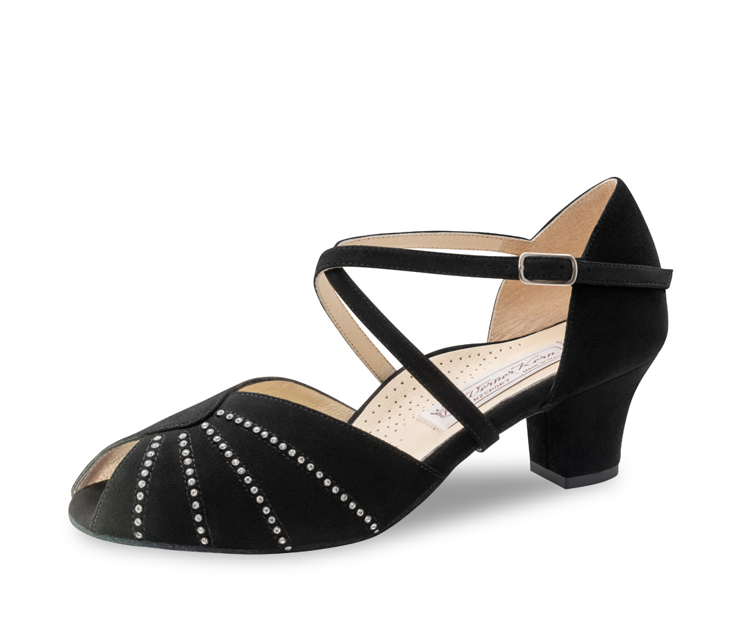 Werner Kern en cuir de chèvre velours noir, séduisante et confortable avec un V-cut confortable, petite ouverture pour les orteils et bride croisée réglable individuellement, hauteur de talon fantastiquement confortable de 4,5 cm
