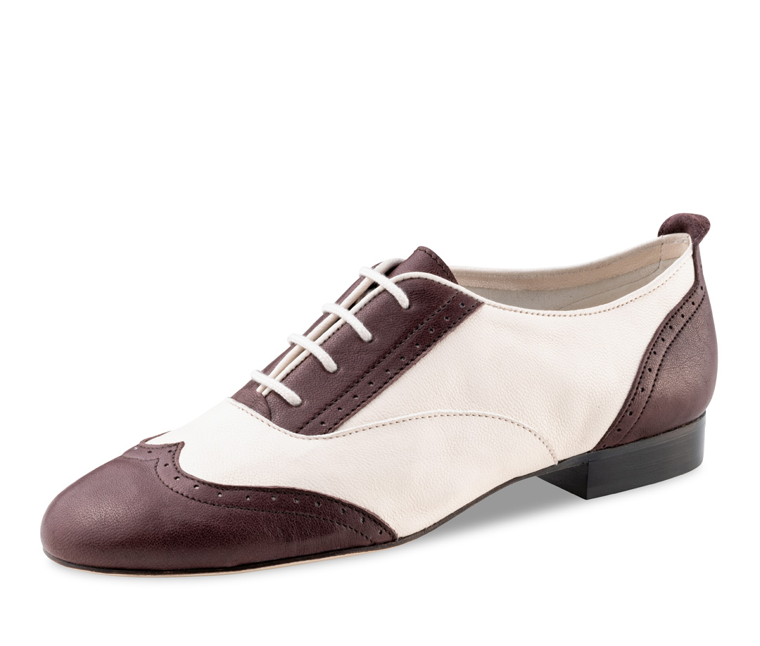 Chaussures de danse swing bordeaux et blanches avec talon de 1,5 cm et semelle en cuir
