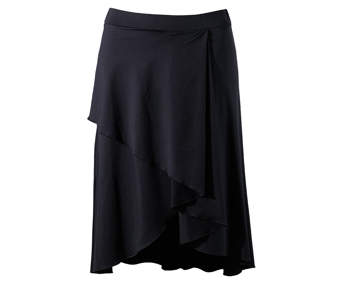Jupe portefeuille Vana noire pour femmes – coupe tulipe et effet portefeuille pour la salsa, le tango et plus encore.