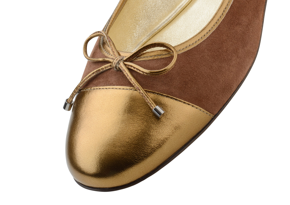 Juno Élégante ballerine en daim marron et nœud cuivré