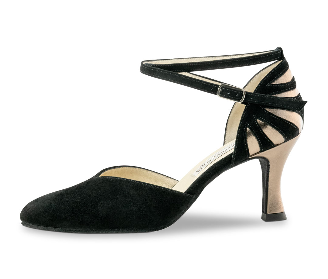 Yoko Sandales de danse signées Werner Kern, en cuir velours noir, avec des incrustations couleur platine au talon et un talon évasé de 6,5 cm