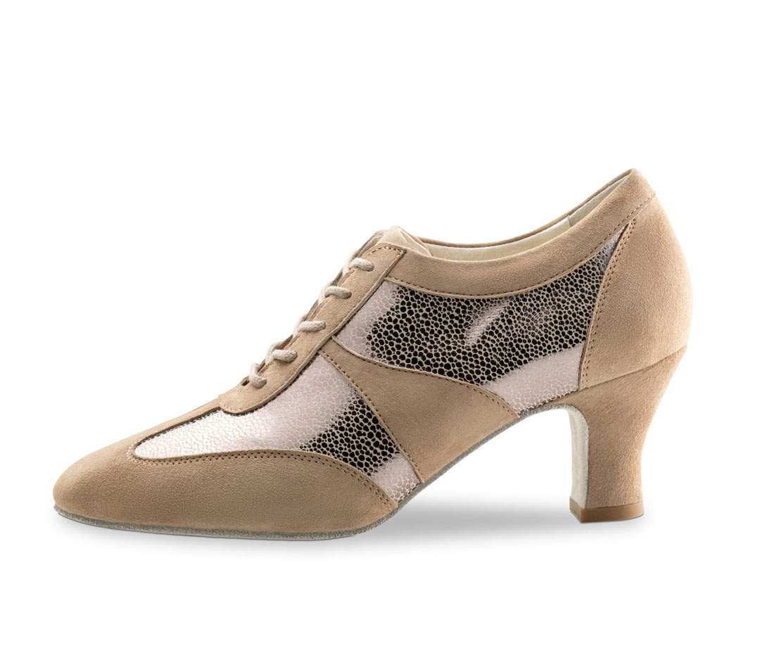 Chaussures de danse d'entraînement à lacets en cuir beige et doré de la marque Werner Kern, avec un talon bloc de 6 cm